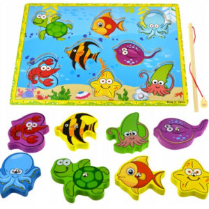 DREWNIANE PUZZLE MAGNETYCZNE Z WĘDKĄ I RYBKAMI