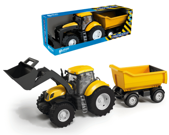 Traktor żółty z  Ładowaczem Łyżką i Wywrotką skala 1:16 skrętne koła