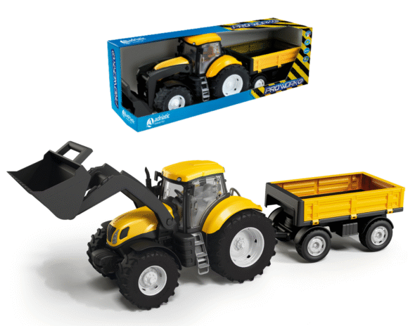 Traktor żółty z Ładowaczem Łyżką i Przyczepą skala 1:16 otwierane drzwi