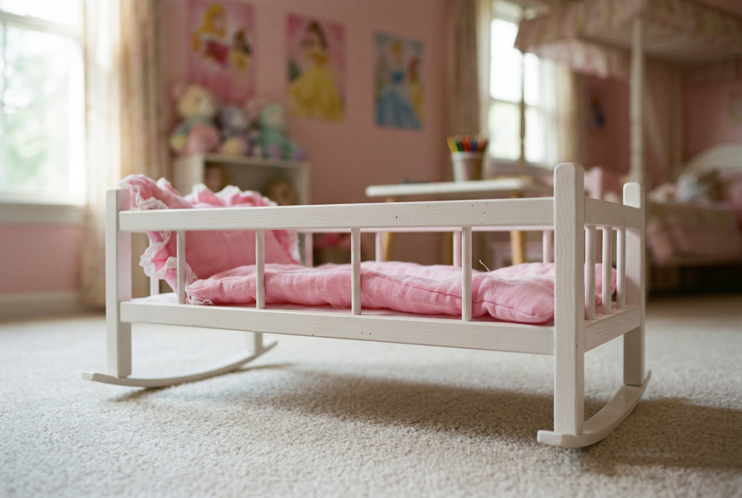 Drewniane łóżeczko dla lalek z różową pościelą w dziewczęcym pokoju