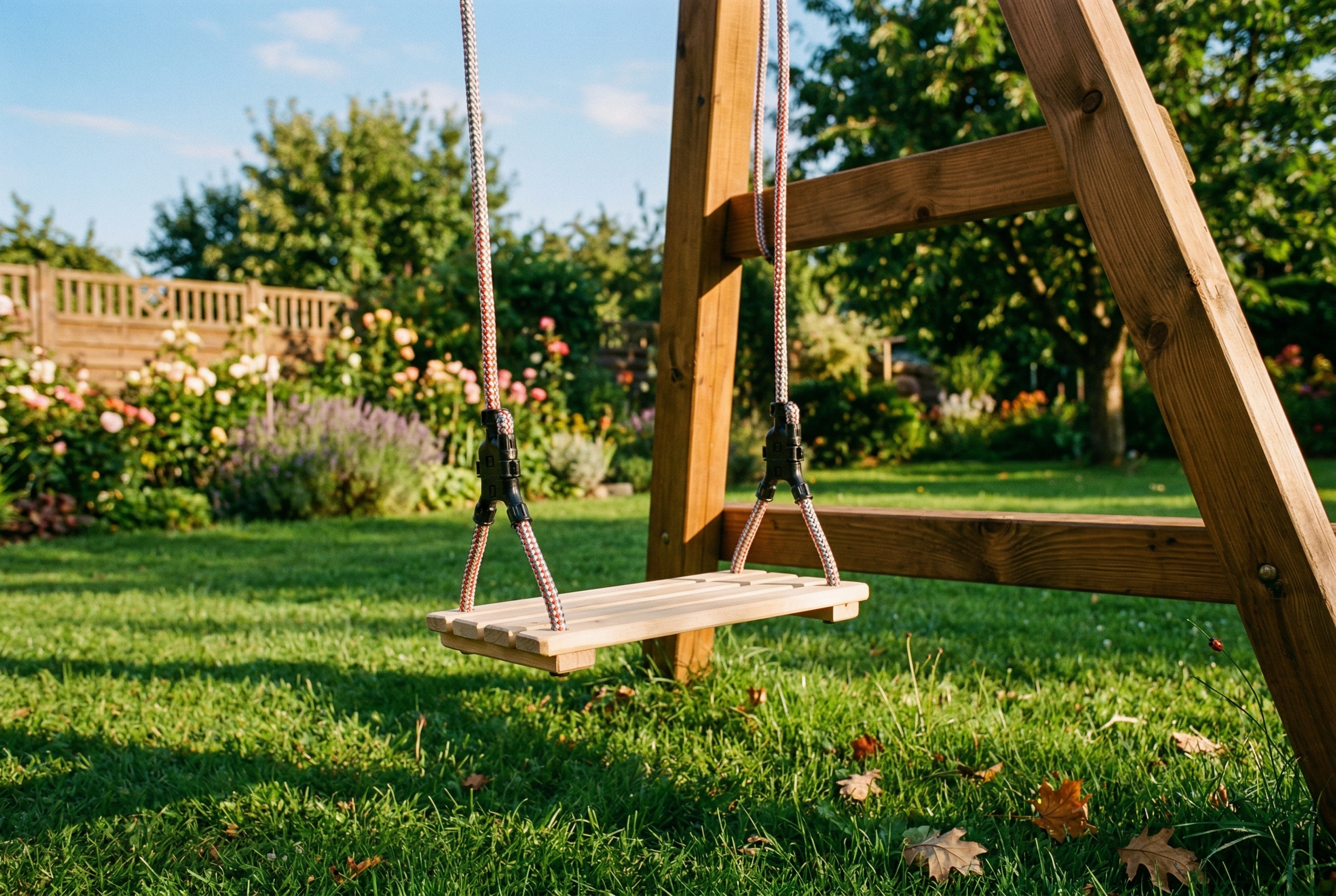 Drewniana huśtawka ogrodowa zawieszona na linach na trawie w słonecznym, kwitnącym ogrodzie