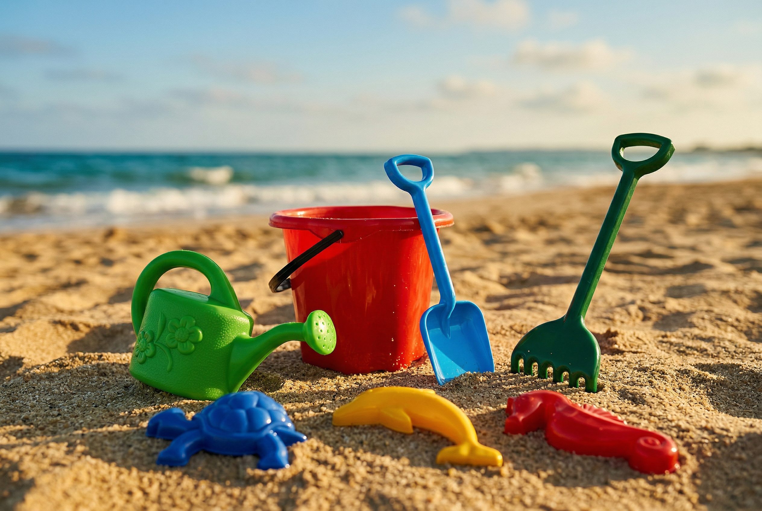 Kolorowe zabawki do piasku na plaży, czerwone wiaderko, łopatki i foremki przy brzegu morza