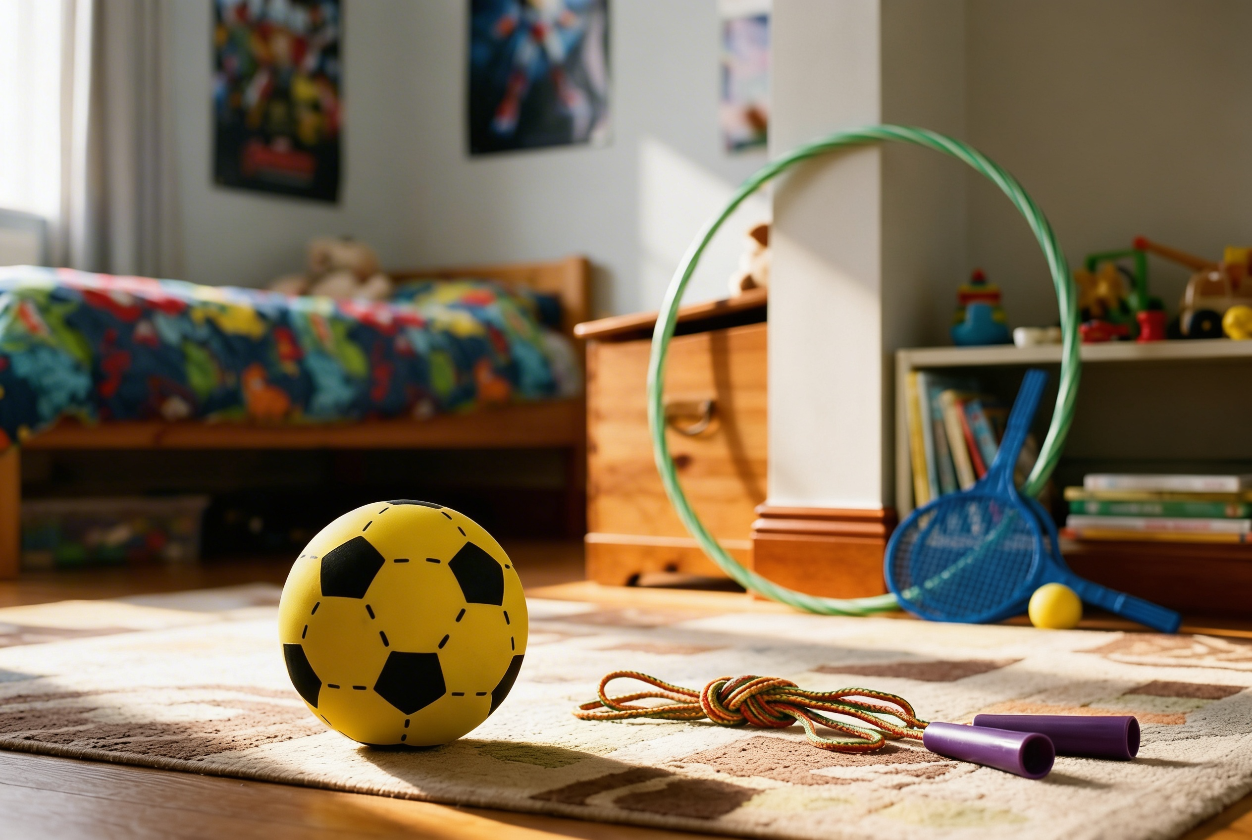 Kolorowe zabawki na podłodze w dziecięcym pokoju chłopca, żółta piłka, skakanka i hula hop w słońcu przy łóżku