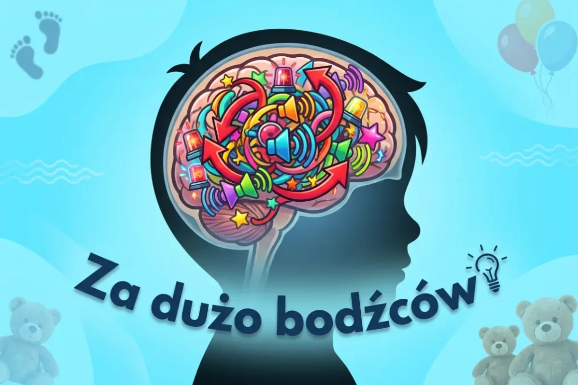Grafika jest ilustracją. Tło ma jasny, chłodny odcień błękitu, z delikatnymi przejściami kolorów, jak niebo lub rozmyta woda. W tle pojawiają się bardzo subtelne rysunki: w lewym górnym rogu odciski małych stópek, w prawym górnym rogu kilka balonów na sznurkach, w lewym i prawym dolnym rogu pluszowe misie. Te elementy są półprzezroczyste, miękkie, jakby w tle, i sugerują dziecięcy świat. Na środku widzimy ciemny, jednolity kontur profilu głowy dziecka zwróconej w prawo. To sylwetka od ramion w górę, bez twarzy - tylko czarny, wypełniony kształt. Wewnątrz głowy, w miejscu mózgu, znajduje się duża, bardzo kolorowa ilustracja przedstawiająca przeciążony mózg. Mózg ma podstawowy, różowo‑beżowy kolor, z zaznaczonymi zakrętami, ale prawie całkowicie przykrywają go dziesiątki nachodzących na siebie elementów: grube, czerwone strzałki biegnące w różnych kierunkach, krzyżujące się i zakręcające, jaskrawe głośniki i megafony w kolorach niebieskim, zielonym, żółtym, z liniami fal dźwiękowych wychodzącymi na zewnątrz, migające koguty alarmowe - małe, czerwone lampy sygnalizacyjne z promykami światła wokół, kolorowe gwiazdki, kółka, strzałki i błyski, liczne kręte linie, które wiją się jak przewody, sprężyny lub fale. Całość sprawia wrażenie wielkiego chaosu: wszystko świeci, mruga, wydaje dźwięki i miesza się ze sobą. Kolory są bardzo intensywne - czerwienie, żółcie, zielenie, niebieskości - i na tle ciemnego zarysu głowy jeszcze mocniej krzyczą. Ma się wrażenie, że mózg jest przeładowany bodźcami. Pod sylwetką głowy, lekko do przodu, u dołu, wpisany jest łukowato duży napis: „Za dużo bodźców”. Litery są grube, granatowe, bezszeryfowe. Napis jest wygięty w kształt łuku, jakby otulał szyję i dół głowy od przodu. Po prawej stronie kończy się małą ikoną żarówki - symbol pomysłu, refleksji. Cała kompozycja bardzo wyraźnie komunikuje jedno: w głowie dziecka dzieje się za dużo naraz. Kolorowe migacze, dźwięki, strzałki i kształty mają kojarzyć się z nadmiarem dźwiękowych, świecących, grających zabawek, ekranów i bodźców, które atakują układ nerwowy. Tło z pluszakami, balonami i stópkami przypomina, że chodzi konkretnie o małe dzieci.