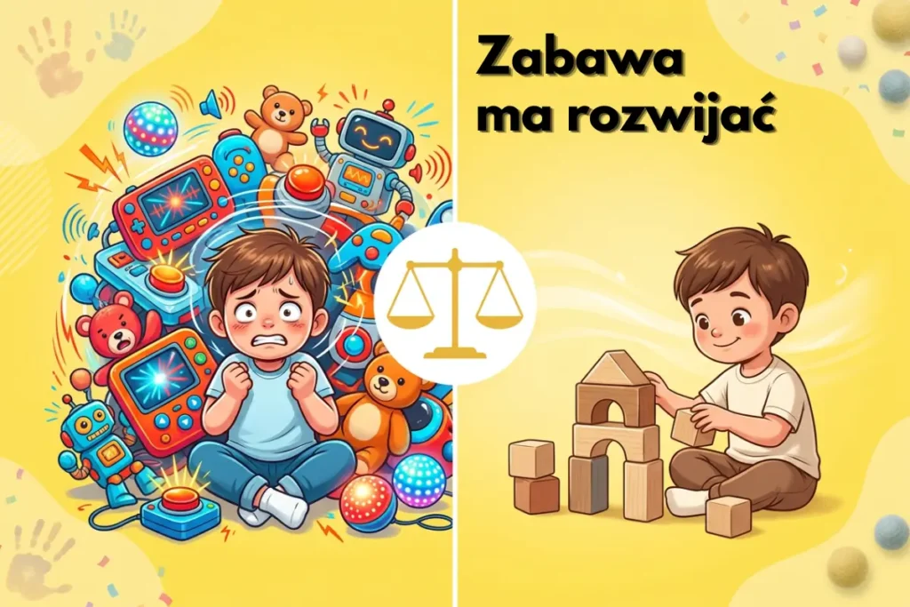 Grafika ma formę szerokiego baneru podzielonego pionową linią na dwie części. Tło po obu stronach jest żółte, ciepłe, z delikatnymi wzorami i dziecięcymi motywami (odciski dłoni, konfetti, miękkie plamy koloru), ale sceny po lewej i prawej stronie różnią się nastrojem. Lewa strona - chaos i przebodźcowanie Po lewej stronie widzimy rysunkową scenę z małym chłopcem siedzącym na podłodze po turecku. Chłopiec ma jasnobrązowe włosy, ubrany jest w jasny T‑shirt i niebieskie spodnie. Siedzi na środku sporej góry zabawek. Na twarzy widoczne jest przerażenie, przytłoczenie i rozdrażnienie od ilości zabawek. Wokół niego, dosłownie ze wszystkich stron, piętrzą się głośne, świecące zabawki: kilka elektronicznych konsol i paneli z ekranami, przyciskami i światełkami, kolorowe roboty z antenkami i migającymi diodami, kule świetlne, które emitują kolorowe promienie, pluszowe misie i zabawki, ale też otoczone błyskami i symbolami dźwięku, wielkie przyciski z błyskami i zygzakami wokół, sugerującymi sygnały dźwiękowe. Wokół zabawek i chłopca unoszą się liczne graficzne symbole: zygzaki przypominające trzaski i hałas, linie fal dźwiękowych, promienie światła, kolorowe błyski i kreski. Cała scena jest bardzo gęsta, kolorowa - dominuje czerwony, niebieski, pomarańczowy, neony. Chłopiec siedzi pośrodku, jak w centrum wiru bodźców. Prawa strona - spokój i rozwój Po prawej stronie, na tym samym żółtym tle, widzimy tego samego chłopca (te same włosy, podobne ubranie), ale w zupełnie innej sytuacji. Siedzi na podłodze po turecku, lekko pochylony do przodu, spokojny. Na twarzy widoczny uśmiech i spokój. Przed nim stoi mała budowla z prostych, drewnianych klocków. Klocki są w naturalnym kolorze drewna, w kilku odcieniach brązu. Budowla przypomina mały dom lub bramę: u dołu dwa słupki, między nimi klocek w kształcie łuku, na górze klocek w kształcie dachu. Obok, po lewej stronie, leży kilka pojedynczych klocków: sześciany i prostopadłościany. Chłopiec właśnie układa kolejny klocek, trzymając go w dłoni. Środek - równowaga i przekaz tekstowy Dokładnie między obiema scenami biegnie pionowa, jasna linia. Na jej środku, trochę powyżej linii poziomego środka grafiki, znajduje się białe kółko z ikoną złotej wagi. Waga jest wyważona - obie szalki na tym samym poziomie. To symbol równowagi w wyborze zabawek. Nad prawą sceną, na żółtym tle, dużą, czarną, pogrubioną czcionką zapisany jest napis: „Zabawa ma rozwijać”. Litery są proste, bezszeryfowe, bardzo wyraźne. Całość grafiki zestawia ze sobą dwa światy: po lewej - nadmiar świecących, grających zabawek, chaos bodźców, po prawej - prosta, spokojna zabawa klockami, która zachęca do skupienia i kreatywności