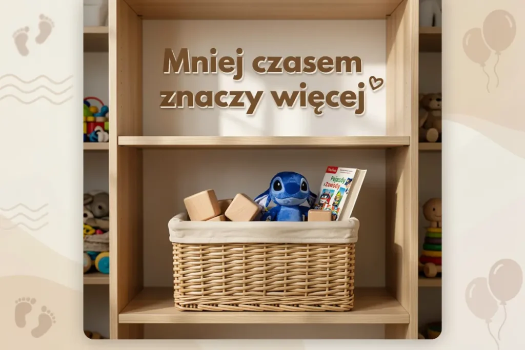 Grafika w ciepłych beżowo‑drewnianych kolorach i przypomina zdjęcie fragmentu dziecięcego pokoju w ramce. W centrum widzimy drewniany regał z jasnego, naturalnego drewna. Ma szerokie, poziome półki. W kadrze widać trzy z nich: górną, środkową i dolną, ale główny nacisk jest na półkę środkową. Na górnej części regału, tuż nad środkową półką, na jasnej ścianie znajduje się napis z dużych, przestrzennych liter: „Mniej czasem znaczy więcej”. Litery są w kolorze jasnego brązu, wyglądają jak wycięte z grubego kartonu. Na końcu zdania, po prawej stronie, jest małe serduszko w tym samym kolorze. Na środkowej półce stoi wiklinowy kosz. Kosz jest prostokątny, pleciony z jasnej, miodowej wikliny. Na brzegach ma obszycie z jasnego, beżowego materiału, jak miękka podszewka wywinięta na zewnątrz. W środku kosza leży niewiele zabawek: kilka dużych, drewnianych klocków w kształcie sześcianów, w naturalnym kolorze drewna, częściowo wystających ponad brzeg kosza, pluszowa niebieska maskotka - Stitch od Disney'a, siedzi w koszu wyprostowana, widoczna prawie w całości, jedna dziecięca książeczka w miękkiej lub twardej okładce, wstawiona pionowo z boku, kolorowa, z ilustracją pojazdów na okładce (widać fragment tytułu związanego z pojazdami i zawodami). Półka tuż nad koszem jest pusta. Dolna półka jest tylko częściowo widoczna, także pusta, dzięki czemu kosz i napis jest głównym punktem. Po bokach regału, nieco głębiej w tle, widać fragmenty innych półek z zabawkami: po lewej stronie schowany kawałek kolorowego pojemnika z piłeczkami lub klockami, po prawej pluszowe misie, drewniany sorter, piramidka z krążków. Są rozmyte i schowane na brzegach kadru. Całość otoczona jest jasną, kremową ramą. Na tej ramie widać delikatne, półprzezroczyste motywy: w lewym górnym i dolnym rogu odciski małych stópek, po prawej stronie baloniki na sznurkach, falujące linie przypominające miękkie fale lub smugi farby