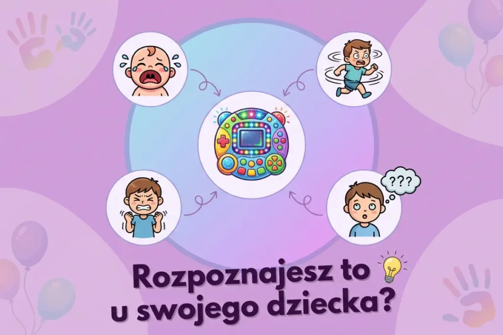 Rysunkowa grafika, utrzymana w pastelowych fioletach i różach. Tło stanowi gładki, fioletowo‑różowy gradient: u góry bardziej lawendowy, na dole cieplejszy róż. W tle widoczne są delikatne, półprzezroczyste motywy: po lewej i prawej stronie odciski dziecięcych dłoni, w kilku miejscach baloniki na sznurkach, miękkie, okrągłe plamy koloru. Na środku znajduje się duże, jasne koło, jakby plama światła w chłodniejszym odcieniu niebieskiego. W samym centrum tego koła narysowana jest elektroniczna zabawka - panel pełen przycisków. Ma zaokrąglony kształt, zbliżony do owalnego pada od konsoli. Zabawka jest: otoczona jasną ramką, wypełniona dziesiątkami kolorowych przycisków w różnych kształtach: kółka, krzyżyki, strzałki, w górnej części ma ekran, naokoło którego migają małe, wielobarwne światełka, kolory są bardzo intensywne: neonowy róż, niebieski, zielony, żółty. Wokół zabawki widać linie i drobne błyski sugerujące ruch, miganie i dźwięk. Od tego centralnego panelu odchodzą strzałki do czterech mniejszych okrągłych ilustracji rozmieszczonych wokół, mniej więcej jak na tarczy zegara: na górze, po prawej, na dole i po lewej. Ilustracja u góry po lewej - płaczące niemowlę W białym kółku narysowany jest mały bobas. Ma łysą główkę z pojedynczym loczkiem na środku. Oczy są zamknięte, usta szeroko otwarte w płaczu, z obu stron twarzy lecą łzy. Brwi układają się w smutny łuk. Cała buzia pokazuje silny płacz. Ilustracja u góry po prawej - dziecko w ciągłym ruchu W kole widać nieco starsze dziecko, skierowane bokiem, w biegu. Dookoła postaci narysowane są zakrzywione kreski, które sugerują szybki bieg. Twarz ukazuje zmęczenie oraz zestresowanie. Ilustracja na dole po lewej - zdenerwowane dziecko W dolnym kółku widzimy chłopca z zaciśniętymi pięściami i mocno ściągniętymi brwiami. Usta są wygięte w grymas złości, oczy przymrużone. Ilustracja na dole po prawej - zagubione dziecko W kole jest dziecko patrzące przed siebie z rozszerzonymi oczami i lekko otwartymi ustami. Nad głową unoszą się małe chmurki z pytajnikami, jak w komiksowej chmurce - znak zagubienia lub dezorientacji. Każde z tych kółek połączone jest z centralną zabawką za pomocą cienkiej, zakrzywionej strzałki, co wizualnie sugeruje, że te reakcje mogą być skutkiem tej zabawki. W dolnej części grafiki, tuż pod centralnym kołem, znajduje się duży tekst w ciemnofioletowym kolorze: „Rozpoznajesz to u swojego dziecka?” Napis jest wycentrowany, litery są grube, zaokrąglone, bardzo czytelne. Obok ostatniego słowa, po prawej stronie, narysowana jest mała żarówka - symbol refleksji. Cała kompozycja pokazuje prostą zależność: na środku migająca, głośna zabawka elektroniczna, a wokół niej typowe reakcje przebodźcowanego dziecka - płacz, bieganie bez opamiętania, złość, zagubienie