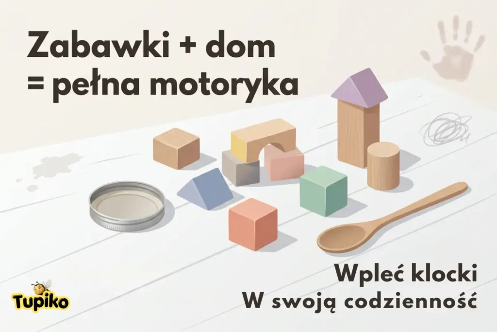 Pozioma grafika, utrzymana w jasnych, pastelowych kolorach. Tło ma kolor bardzo jasnego beżu, prawie bieli, dzięki czemu wszystko wygląda lekko i domowo. W lewej górnej części grafiki widnieje duży napis w ciemnobrązowym kolorze: „Zabawki + dom = pełna motoryka”. Czcionka jest gruba, bezszeryfowa, prosta i czytelna, przypomina litery z dziecięcej książki. Na dole po prawej stronie jest drugi napis, tym razem w dwóch linijkach, również ciemnobrązowy: „Wpleć klocki. W swoją codzienność”. To hasło jest nieco mniejsze niż pierwsze, ale dalej łatwo zauważalne. Na samym dole po lewej stronie znajduje się logo Tupiko: żółty napis „Tupiko” z czarną obwódką, a obok liter jest mała pszczółka - maskotka marki. Centralną część ilustracji zajmuje biały, drewniany stół widziany z góry, lekko pod kątem. Na jego powierzchni leżą rozrzucone przedmioty - część to typowe zabawki, a część to zwykłe rzeczy domowe: Pośrodku i nieco z prawej strony leży grupa drewnianych klocków w pastelowych kolorach. Są klocki w kształcie sześcianów w kolorach miętowej zieleni, łagodnego pomarańczu i beżu. Jeden klocek ma kształt trójkątnego graniastosłupa, jest niebieski i leży na boku. Inny klocek jest jak mały mostek lub łuk - beżowy, ustawiony na dwóch końcach, tworzy przejście. Wyróżnia się wysoka wieża: pionowy drewniany walec z nałożonym na górę fioletowym daszkiem w kształcie trójkątnego dachu. Obok stoi niższy walec w kolorze drewna. Po lewej stronie tej grupy jest metalowa zakrętka od słoika - okrągła, srebrna, leżąca płasko na blacie. Wygląda jak zwykły kuchenny drobiazg wciągnięty do zabawy. Na dole po prawej stronie leży drewniana łyżka - smukła, z okrągłą, płaską częścią nabierającą. Jest ułożona poziomo, lekko ukośnie względem stołu. W tle, w prawej górnej części stołu, widać delikatny odcisk dłoni jakby zrobiony farbą lub kurzem - to lekka, półprzezroczysta plama w kształcie dziecięcej dłoni z palcami rozstawionymi na boki. Obok niej, po prawej, widać małe bazgroły - kilka linek tworzących okrągły, nieuporządkowany kształt, jakby dziecko rysowało ołówkiem po stole. Na lewym fragmencie stołu są niewielkie plamki i smugi, które wyglądają jak ślady po zabawie - może woda, może resztki farby lub ciasta. Całość ma sprawiać wrażenie, że to prawdziwy, używany stół w domu, a nie sterylna plansza. Ogólne wrażenie z obrazu: to zaproszenie, żeby łączyć zabawki (klocki) z codziennymi przedmiotami domowymi i w ten sposób rozwijać motorykę dziecka; hasła tekstowe jasno to komunikują, a rozrzucone klocki, łyżka, zakrętka i ślady dłoni pokazują naturalny, trochę bałaganiarski klimat dziecięcej zabawy