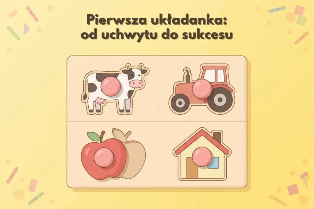 Tło całej grafiki jest jasne, w odcieniu pastelowej żółci, kojarzącej się trochę z dziecięcym papierem rysunkowym. W narożnikach i przy krawędziach widać drobne dekoracje: małe kredki, gwiazdki i kolorowe prostokąty, jak rozsypane elementy z dziecięcego piórnika. Są małe i rozproszone, tworzą delikatną, wesołą ramkę, ale nie odciągają uwagi od centrum. W górnej części, na środku, znajduje się duży napis w kolorze ciemnego brązu: „Pierwsza układanka: od uchwytu do sukcesu”. Czcionka jest zaokrąglona, miękka, bez ostrych krawędzi, typowo dziecięca i przyjazna. Poniżej napisu, mniej więcej na środku obrazu, znajduje się prostokątna drewniana układanka. Wygląda jak jasna, gładka deseczka podzielona na cztery równe pola - dwa u góry i dwa na dole, razem tworzące siatkę 2x2. W każdym polu jest jeden duży element–wsad, czyli pojedynczy obrazek–klocek z wystającym uchwytem pośrodku. Uchwyty są okrągłe, wystające, w kolorze różowo–łososiowym, żeby dziecko mogło łatwo złapać je palcami. Pola układanki od lewej do prawej, z góry na dół: Górny lewy róg - krowa. Na kremowym tle jest narysowana uśmiechnięta krowa o białym ciele w czarne łaty. Stoi bokiem, nogi ma lekko rozstawione. Ma różowy pyszczek i różowe wymię. Na środku jej tułowia znajduje się okrągły uchwyt, wyglądający jak duży guzik. Górny prawy róg - traktor. Tu widać prosty rysunek czerwonego traktora. Ma duże, ciemne koła z jasnymi środkami i małą kabinę. W okolicach środka pojazdu, w miejscu mniej więcej kabiny, jest ten sam okrągły, różowy uchwyt, który służy do wyjmowania elementu. Dolny lewy róg - jabłko. Na kremowym tle znajduje się duże czerwone jabłko z ogonkiem i listkiem u góry. Za nim, trochę z prawej, widać drugi kształt w kolorze beżowym, który wygląda jak cień jabłka albo jego przekrój. Na środku czerwonej części owocu siedzi okrągły uchwyt. Dolny prawy róg - domek. Ostatni element to prosty domek. Ma kremowe ściany, czerwony dach i małe, błękitne okienko. Drzwi są zaznaczone ciemniejszym prostokątem. Pośrodku elewacji domu znajduje się ten sam różowy uchwyt. Cała układanka wygląda na wykonaną z jasnego drewna, z zaokrąglonymi rogami. Elementy są stylizowane jak grafiki z książeczki dla dzieci - bardzo proste, czytelne, z wyraźnymi konturami i lekko bajkowymi proporcjami. Ogólne wrażenie z grafiki: ciepła, spokojna scena z pierwszą, bardzo prostą układanką dla malucha. Kolory są pastelowe, miękkie, bez agresywnych kontrastów. Całość ma przekaz: „to łatwa, przyjazna układanka z dużymi uchwytami - idealna na pierwsze próby dopasowywania kształtów"
