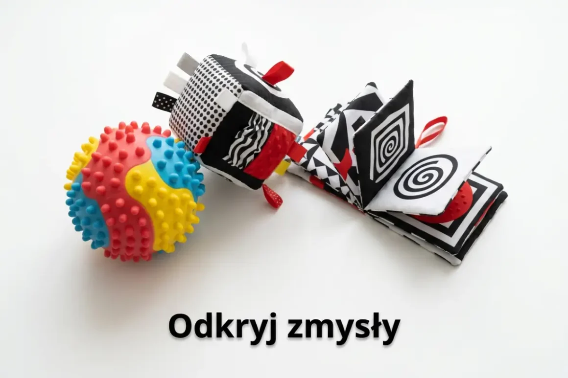Grafika jest jasna, minimalistyczna, utrzymana w bieli z mocnymi kolorowymi akcentami. Tło to jednolita, czysta biel, bez dodatkowych elementów, więc cała uwaga skupia się na trzech zabawkach leżących pośrodku i napisie pod nimi. Obiekty tworzą lekki łuk biegnący z lewej do prawej strony. Po lewej stronie leży duża, gumowa piłka sensoryczna. Jest mniej więcej wielkości piłki do ręki, okrągła i gęsto pokryta miękkimi wypustkami - małymi, zaokrąglonymi kolcami. Jej powierzchnia jest podzielona na nieregularne, falujące pasy w czterech wyrazistych kolorach: czerwonym, żółtym, niebieskim i turkusowym. Kolory przechodzą jeden w drugi jak plamy na globusie, a wypustki wystają jednakowo na całej powierzchni, zachęcając do dotykania, ściskania i turlania. Na środku leży miękka, materiałowa kostka sensoryczna. To sześcian z miękkiego wypełnienia. Każda jego ścianka ma inny wzór i fakturę - dominuje czarno‑biały kontrast z dodatkiem czerwieni. Jedna ze ścian widocznych na zdjęciu jest pokryta drobnymi czarnymi kropeczkami na białym tle. Druga ma czarno‑białe falujące pasy, wyglądające jak zygzakowata wstęga. Na trzeciej widać czerwony panel z wypustkami, podobny do silikonowej, pęcherzykowatej powierzchni. Na krawędziach kostki wszyte są krótkie, wystające metki i tasiemki - w różnych kolorach (białe, czarne, czerwone) i wzorach (gładkie, w kropki). Służą one do chwytania, skubania i memłania w palcach. Po prawej stronie znajduje się rozłożona materiałowa książeczka. Jest zrobiona z miękkiego materiału i składa się z kilku połączonych kartek - kwadratowych poduszeczek. Książeczka jest ułożona w lekkim zygzaku, jakby częściowo rozłożona. Na każdej stronie znajdują się mocne, czarno‑białe wzory geometryczne z dodatkiem czerwieni: na przednim planie widać duże białe koło z czarną spiralą, która zwija się do środka, obok znajduje się kwadrat z czarną ramką i białą spiralą, w głębi pojawiają się trójkąty, szachownice i inne kontrastowe kształty. Z boku książeczki wystaje czerwony uchwyt–pętelka z taśmy, która pozwala ją przypiąć do wózka lub łóżeczka. Między stronami można dostrzec czerwone, fakturowane elementy, prawdopodobnie wszyte gryzaki lub szeleszczące wstawki. Pod zabawkami, w dolnej części obrazka, znajduje się wyraźny napis: „Odkryj zmysły”. Litery są czarne, grube, bezszeryfowe, jak z nagłówka. Napis jest wycentrowany i lekko oddalony od zabawek, ale wyraźnie z nimi powiązany - wygląda jak hasło zachęcające do zabawy. Grafika bardzo czysta, jasna, nowoczesna. Trzy zabawki sensoryczne - piłka z wypustkami, miękka kostka z metkami i kontrastowa książeczka - leżą luźno obok siebie, pokazując różnorodność bodźców dla niemowlęcia: dotyk, wzrok i możliwość chwytania. Nigdzie nie widać postaci, rąk ani dodatkowych rekwizytów; cała scena jest spokojna, jak produktowe zdjęcie na białym tle, z jednym prostym hasłem o odkrywaniu zmysłów